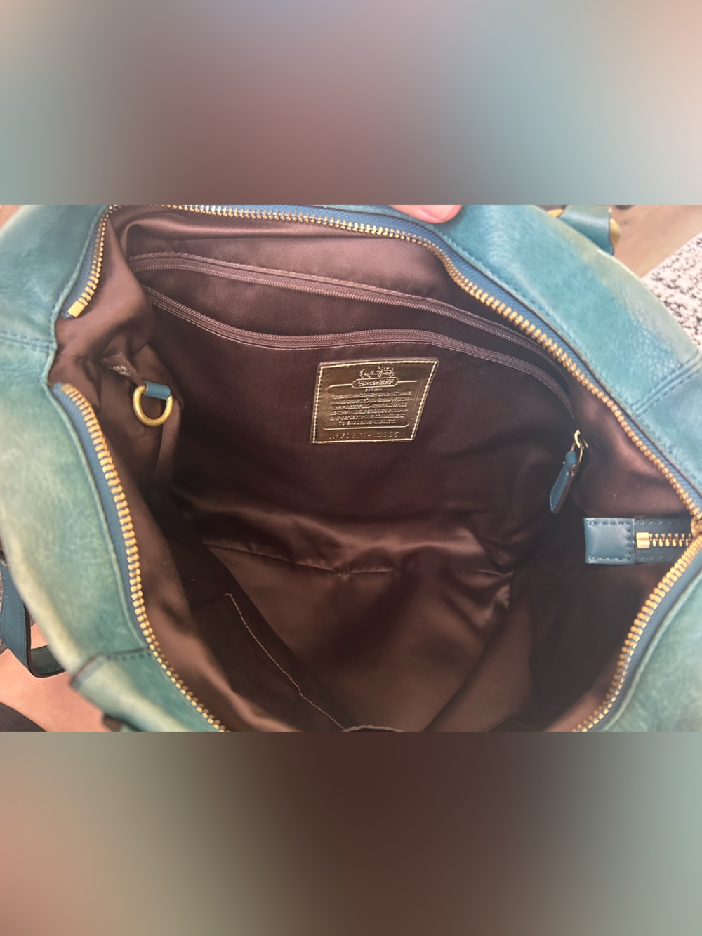 Coach Madison Leather Julianne Tote Teal and Gold Shoulder Bag Purse Handbag - Picture 10 of 12